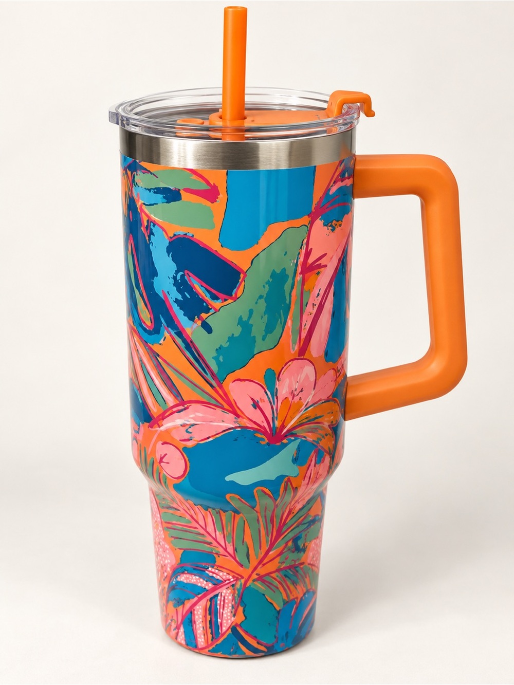 Ashland Orange and Blue Tropical Floral Travel Tumbler with Handle